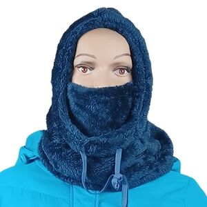 Unisex Ski Mask Balaclava Winter Hat Faux Fur Hooded Scarf W/ Drawstrings DBLUE